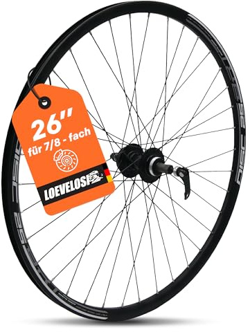 MTB Hinterrad 26 Zoll Fahrrad Laufrad - Scheibenbremse 6-Loch - QR 9/10×135 - Schraubkranz 7/8-fach – Alu Felge & Nabe - 36 Speichen - Schwarz - LOEVELOSI