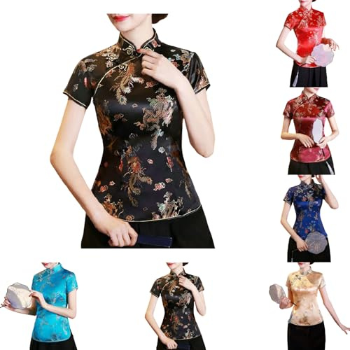 Chemise chinoise Cheongsam pour femme, manches courtes, col mandarin, imprimé dragon et phénix, chemisier ethnique, vêtements traditionnels, aspect soie élégant, mode asiatique festive