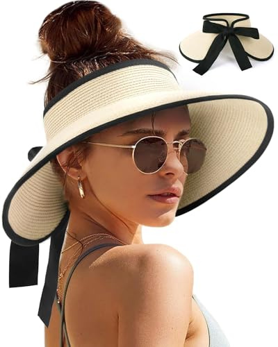 Cappello di Paglia delle Donne con Breccia Larga,Cappello da Sole da Donna Floscio,Cappello Parasole di Paglia Donna Elegante,Pieghevole Estate Cappello Spiaggia per Estate Viaggio Spiaggia Vacanz (A)