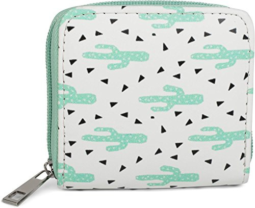 styleBREAKER Mini Geldbörse mit Kaktus Print | kleines Portemonnaie mit Reißverschluss für Damen Teenager Mädchen 10x10 cm, Farbe:Weiß-Mint