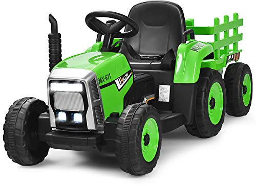 Costzon Ride on Tractor with Detachable Trailer, Kids' Electric Vehicles w/3-Gear-Shift Ground Loader, Wireless Design & USB, 7 LED Headlights, Remote Control Tractor Toy for Kids 3+ (12V, Green)