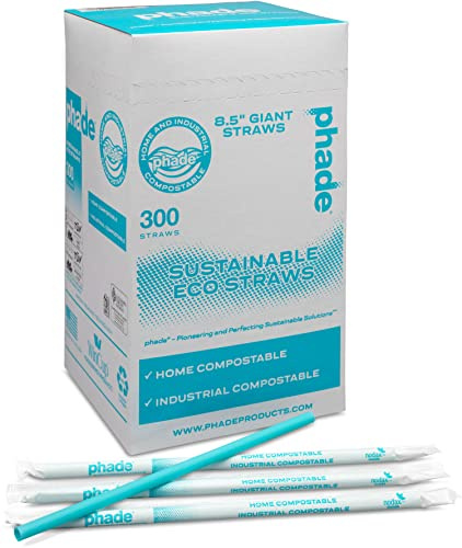 phade Eco-Friendly 8.5 Giant Drinking Straws 300 Count - Sustainable Marine Biodegradable Compostable Individually Wrapped, 1 Pack