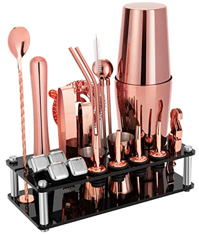 Cocktail-Shaker-Set, 23 Stück Boston Edelstahl Barkeeper Kit mit Acrylständer & Cocktailrezepte Booklet, Professionelle Barwerkzeuge für Getränkemischung, Zuhause, Bar, Party - Gold Rose