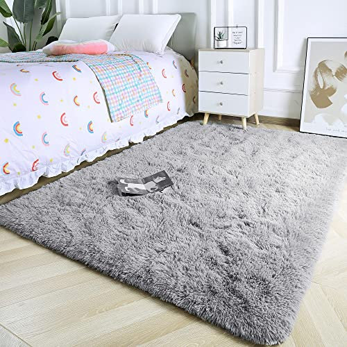 MARATIP Flauschiger Teppich für Wohnzimmer, große Größe, modernes Wohnzimmer, Mädchen, weicher und Flauschiger Teppich für das Schlafzimmer(grau,80 x 150 cm)