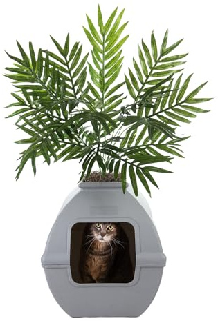 Good Pet Stuff Hidden Cat Litter Box Enclosure with Artificial Plant, Decorative Square Courtyard Planter, Charcoal Filter Odor Control, Easy-to-Clean, Made in USA, Base Kit, Gray