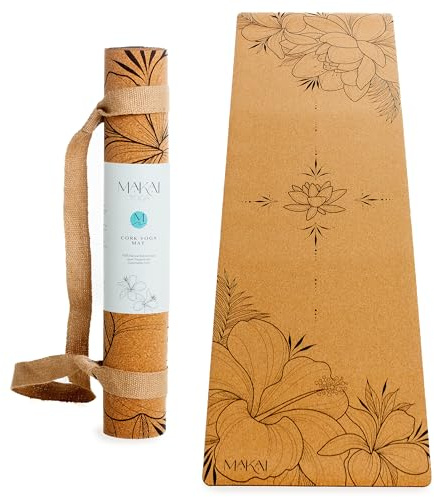 MAKAI Cork Yoga Mat | Eco-Friendly 100% Natural Cork and Rubber | Premium 4mm Non-Slip Mat | Includes Hemp Carrying Strap | Exercise and Pilates Mat for Home, Gym and Outdoors