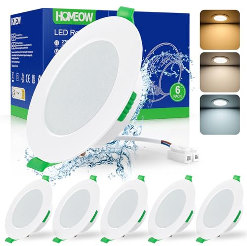 HOMEOW Faretti Led da Incasso per Cartongesso 7W, Diametro Foro 75-90mm, 24mm Ultrasottili, IP44 Faretti Led Soffitto, Regolabile Caldo 2700K, Neutro 4000K e Freddo 6000K, Non Dimmerabile, Set di 6
