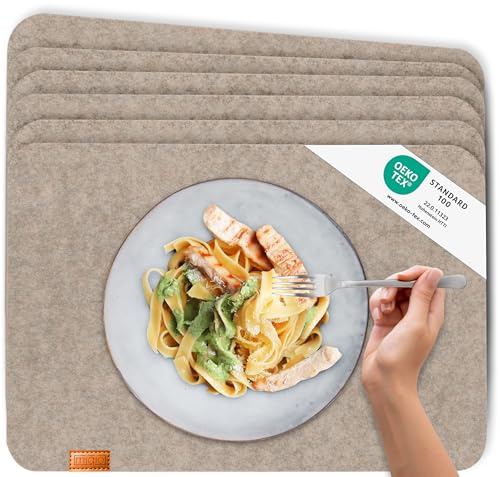 Miqio® - Design Felt Place Mat | Brand Label Made of Genuine Leather | Set of 6 Place Mats (Beige) Washable | Felt Mat Table Coasters Place Mats Wipeable