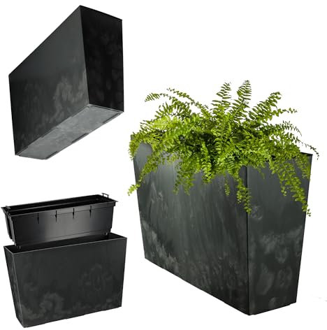 KADAX Jardinière en Plastique - 18,5 x 55,7 cm - 5 Couleurs - Pot de Fleurs avec Rubans d'Irrigation - Jardinière de Balcon avec Insert - Pour Extérieur - Noir - Rectangulaire - Motif Béton