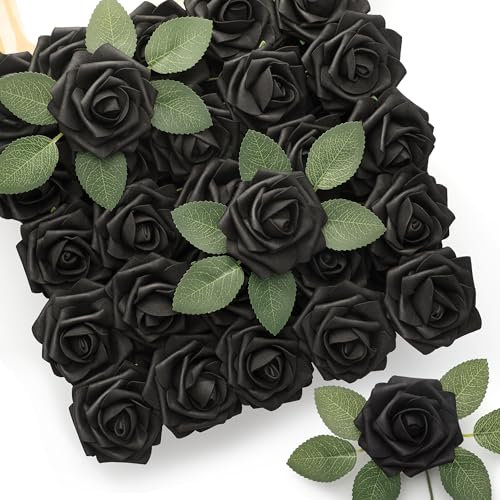 Mocoosy 50Pcs Black Roses Artificial Flowers, Artificial Rose Real Touch Foam Fake Roses Bulk with Stem,Lifelike Rose DIY Craft Flower for Grave Bouquet Centerpiece Floral Arrangement Party Home Decor