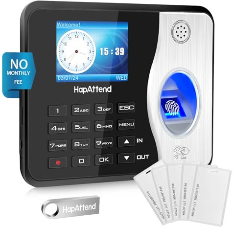 HapAttend Time klockor för anställda små företag automatisk beräkning timmar, H3 fingeravtryckstidsklocka, fristående biometrisk klocka i maskin för anställda med 5 RFID-kort (0 månadsavgifter)