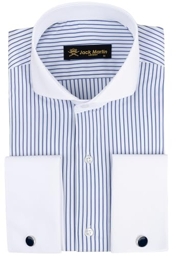 Jack Martin Men's Double Cuff Formal Shirts with Cutaway Collar | Cufflinks Included | Luxe Long Sleeve Button-Up Dress Shirt for Men, Navy Stripe XL