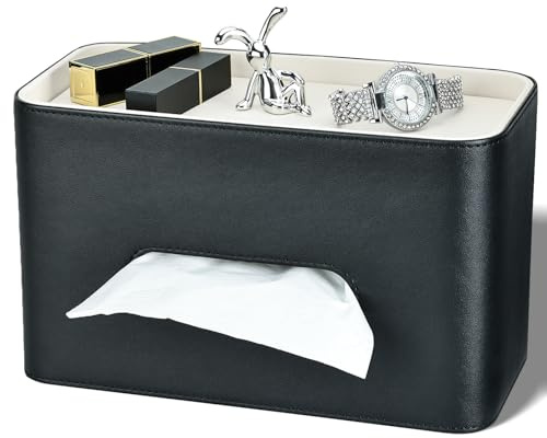 GORESE Kosmetiktücherbox mit Tray,Leder Taschentuchbox Papiertaschentuchhalter Tissue Box für Büro, Zuhause, Auto, Badezimmer, Tücherbox Taschentuchspender mit Ablage für Kleinigkeiten(Schwarz)