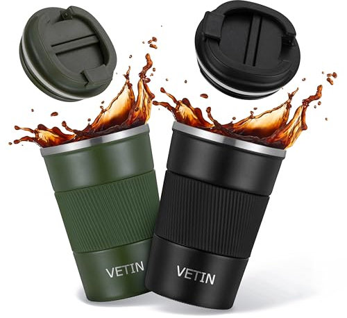 VETIN Lot de 2 mugs isothermes café 380 ml – Thermos café avec couvercle étanche (Vert et Noir)