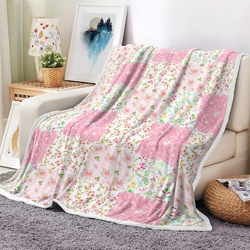Floral Blankets Pink Floral Patchwork Blanket, Botanical Flowers Throw Blanket, Soft, Flannel, Warm, Flowers Bed Blankets All Season for Couch Bedroom Living Room 50X60 Inch