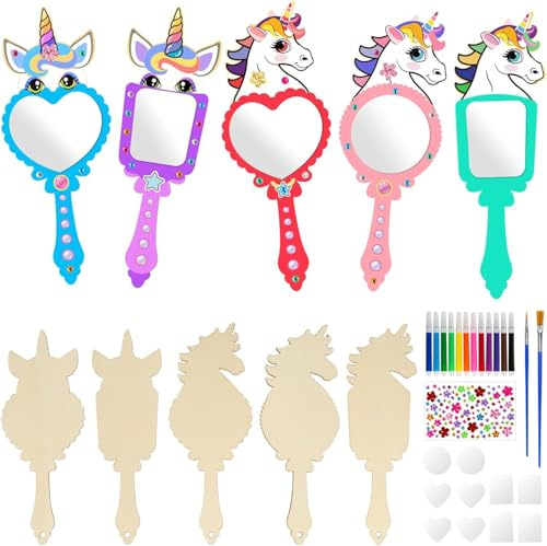 Kezidhp 10 Pièces Miroir Licorne Bois DIY, Kit Créatif à Peindre pour Enfants, Ensemble Activité Anniversaire, Cadeau Fille, Décoration Fête & Vacances