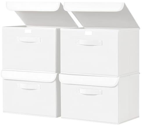 Homsorout Aufbewahrungsboxen mit Deckel - 4er Set Aufbewahrungskorb Stoff Faltbare Aufbewahrungsbox mit Transparentem Sichtfenster, 38 x 25 x 25 cm Faltbox für Kleidung, Würfelregal, Weiß