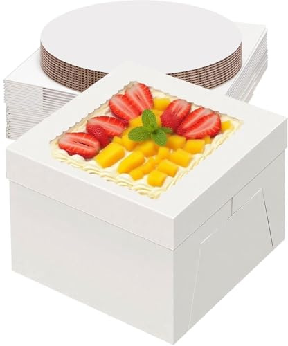 IRELINM 8 inch Cake Box & White Cake Board Set 8 x 8 x 8 Square 20 Packs (10 x boxes & 10 x boards) Clear Windows Disposable Cake Containers for Wedding Birthday Party Celebration