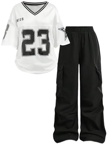 Floerns Girl's Two Piece Outfit Y2k Number V Neck Jersey Shirts with Cargo Pants Set Black 11Y