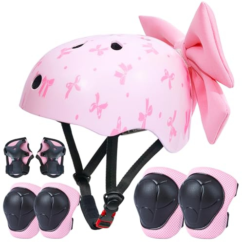 Helmet for Kids 8-14 with Knee Pads and Elbow Pads Set, Kids Bike Helmet with DIY Bow, Adjustable Youth Girls Helmets for Bicycle Scooter Skateboard