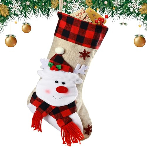 Bemaystar Christmas Stockings - 18.5 Burlap Plaid Christmas Stocking Xmas Hanging Stockings Holiday for Kids Christmas Tree Fireplace Family Party Decor - Deer