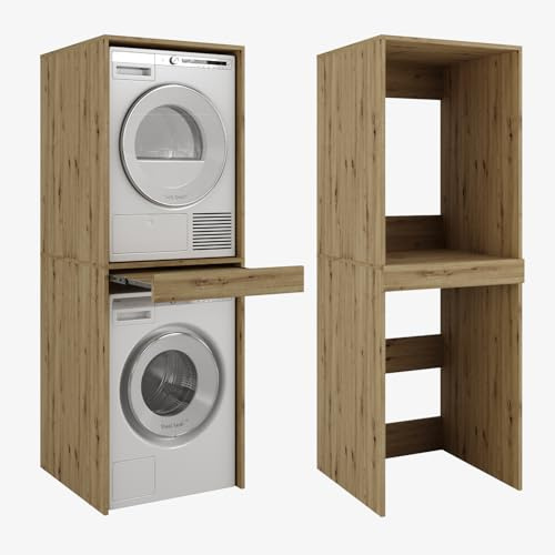 PLATAN ROOM Waschmaschine Trockner Schrank mit Ausziehbrett • Waschmaschinenschrank für Waschmaschine & Wäschetrockner • Überbauschrank 187 x 65 x 66 cm (Eiche Artisan)