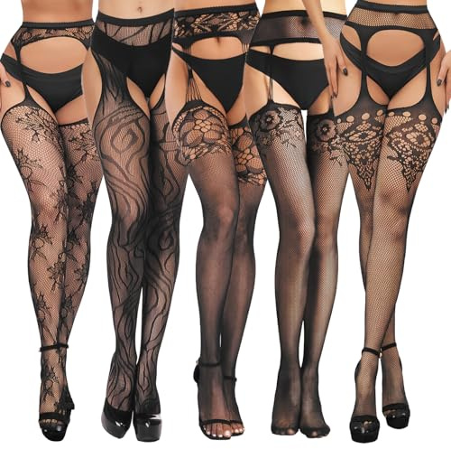 Meunhy 5 Pairs High Waist Fishnet Tights,Fishnet Suspender Stockings,Lace Pantyhose,Sexy,Comfortable,One Size