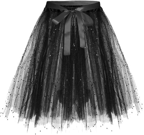 Kjol paljetter damer glitter paljetter kjol för kvinnor, glänsande nät kort kjol med fjäril bälte balklänning elegant midikjol vuxen karneval kostymer, svart, M