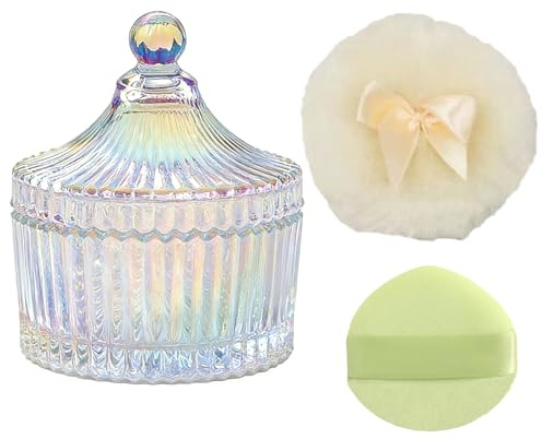 Puderburk set av glas, puderfodral för kroppspulder, kroppspulder, med två pudertofsar, lämplig som en gåva för kvinnor, för hem och resor (inget pulver)