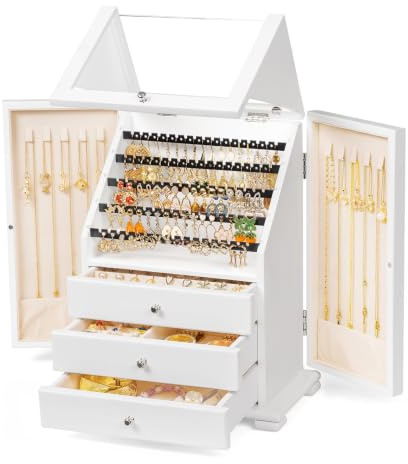 amoard Boîte à Bijoux en Bois, Grande Boîte à Bijoux pour Femme, Organiseur de bijoux à 3 étages,adapté pour colliers, boucles d'oreilles, bracelets et bagues（Blanc）