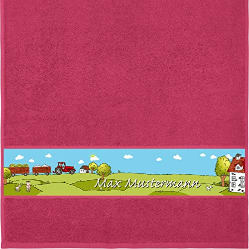 Manutextur Handtuch mit Namen - Motiv Kinder - Bauernhof - viele Farben & Motive - personalisiert - Fuchsia - Größe 50x100 cm - persönliches Geschenk