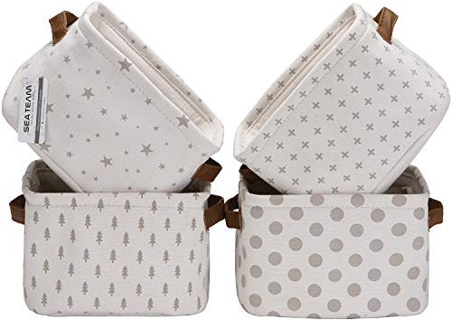 Sea Team Foldable Mini Square New Black and White Theme 100% Natural Linen & Cotton Fabric Storage Bins Storage Baskets Organizers for Shelves & Desks - Set of 4 (Grey 4pcs)