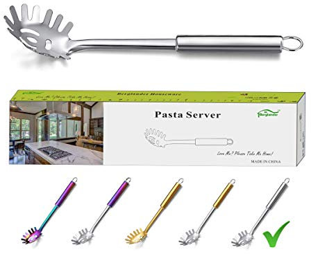 Berglander Forchetta per pasta, Server per pasta in acciaio inossidabile, Cucchiaio per spaghetti, Server per spaghetti, Forchetta per noddle, Resistente al calore (Argento)