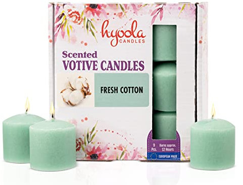Hyoola Candele Profumate Votive - Candele Profumate Piccole Cotone Fresco - Durata Candela Votiva 12 ore - Set Candele Profumate da 9 - Made in EU