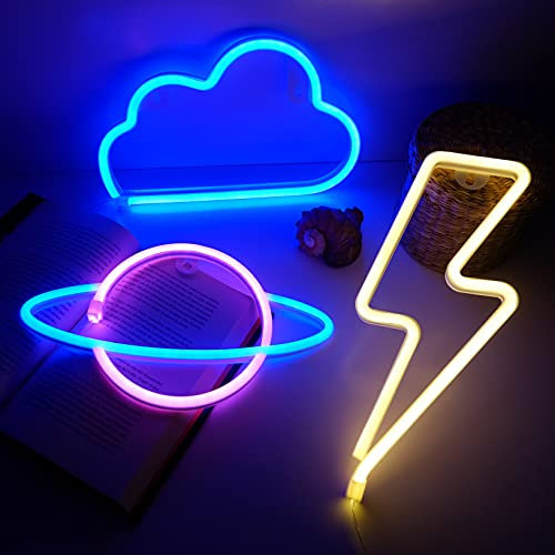 NELUX Pack of 3 Neon Light Sign LED - Lightning, Planet and Cloud - Gaming Neon for Boys Bedroom Decor Wall, Game Room Night Lamp Lights Signs Girls Kids Gifts. Powered by USB or Battery