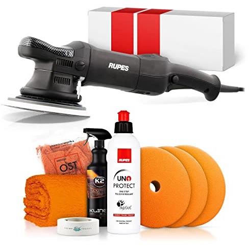 Poliermaschinen Set: Rupes LHR 21ES Exzenter Poliermaschine + Rupes One-Step Politur + Royal Pads Polierpads + Zubehör - Auto Lack Politur, Kratzer entfernen, Aufbereitung | 8-teilig