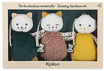 KALOO - Stimuli - Mes Petits Chats à Caresser - Set de 3 Doudous Sensoriels Bébé - Jouet d'Eveil Motricité et Manipulation - 14 cm - Dès la Naissance, K971600