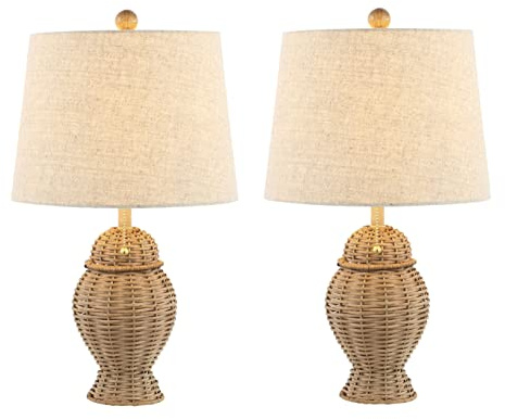 JONATHAN Y 20.5 Natural Wicker Table Lamp Set of 2, Bohemian Rustic Farmhouse Bedside Lamps for Living Room, Nightstand Desk Lamps with Beige Linen Shade, LED Bulbs Included JYL4041A-SET2