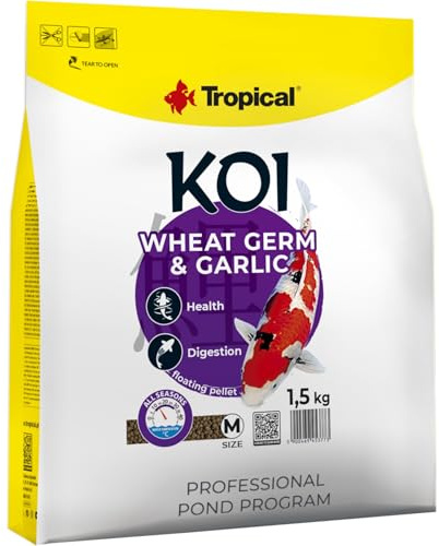 KOI WHEAT GERM & GARLIC PELLET SIZE M 5L / 1,5kg - mangime per piccoli pesci da laghetto, mangime quotidiano per koi, range di temperatura dell'acqua da 8 a 30°C.