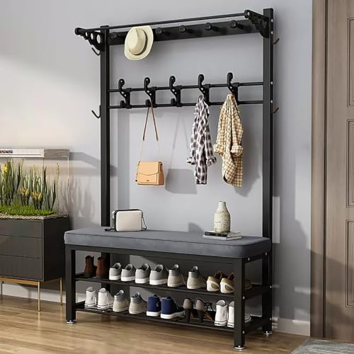 WPPTNSFY Hall Tree with Removable Hooks and Shoe Bench, Industrial Coat Rack with Shoe Storage, Free Standing Coat and Shoe Rack, 4-in-1 Design, for Living Room, Hallway 80/100x33x170 cm