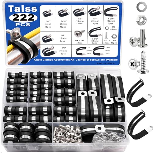 Taiss 222PCS Cable Clamps Assortment Kit 304 Stainless Steel Rubber Cushion Pipe Clamps 10 Sizes 1/4 5/16 3/8 1/2 5/8 3/4 1 1-1/4 1-1/2 1-3/4 Metal Wire Clamps (with Two Kinds of Screws)