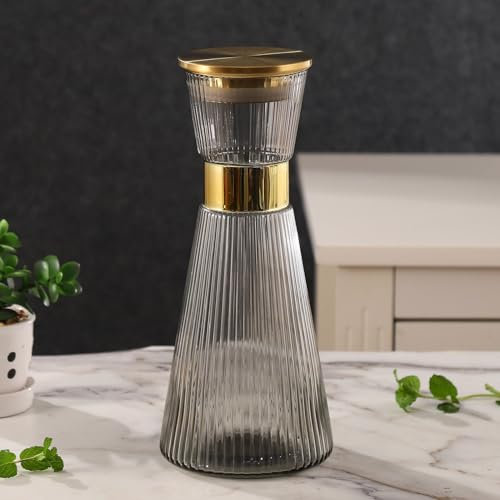DUJUST Ribbed Black Glass Carafe with Golden Lid (44oz), Elegant Water Carafe with Gold Decoration, Crystal Glass Carafe, with Thickened Bottom, for Juice, Milk, Tea, Food-Grade Silicone, Leak-proof