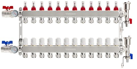 VANCOCO Collecteur Plancher Chauffage Acier Inoxydable 12 Circuits Chauffage au Sol,Raccord Eurokonus 16 × 2 mm,Débitmètre 5 L/min,Vannes à Bille 1,Kit de Purge Rapide