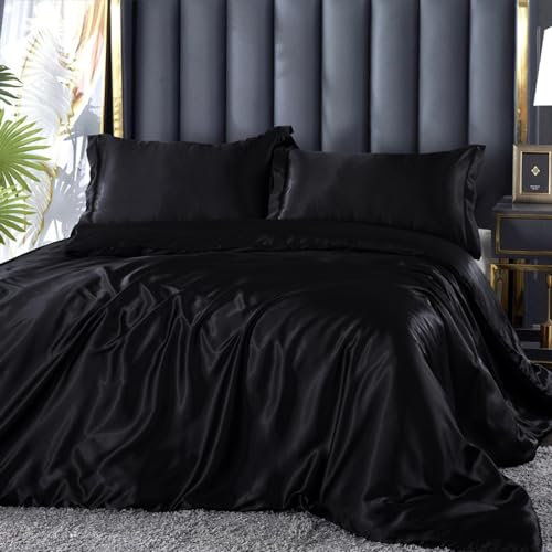DXHOME Juego de ropa de cama de 200 x 220 cm, satén de verano, color negro brillante, seda, funda nórdica para cama de matrimonio, color negro, unicolor, liso, satén brillante, microfibra, juego de