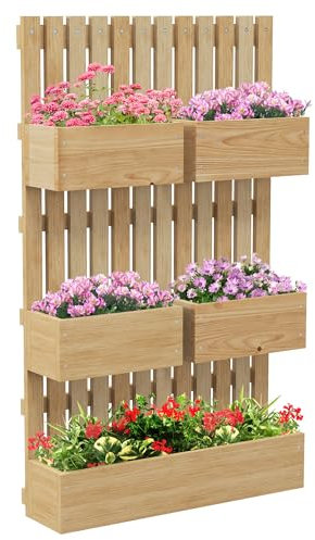 Outsunny Jardinera de pared con 5 cubetas enrejadas de madera maciza extraíbles, tela no tejida, 60 x 16 x 100 cm
