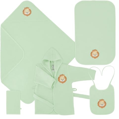Celodoro Baby Presentset 5 delar – presentförpackning med badrock, badhandduk med huva, handduk, tvättlapp, haklapp – för småbarn 0–12 månader, Grön, 0-12 månader