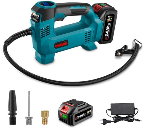 ONEVAN Pompa ad aria da 10 bar, compressore d'aria con display LCD e lampada a LED, pompa elettrica portatile, compressore d'aria per auto, bicicletta, moto, palloni, piscina (1 batteria da 3,0 Ah