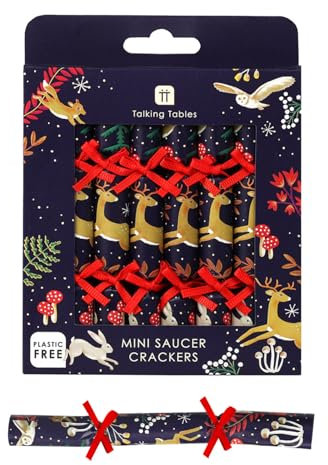 Talking Tables 8 x Mini Saucer Christmas Crackers with Joke and Conversation Starter, Party Hat, Winter Wonderland Design Eco-Friendly Xmas Tableware, Recyclable