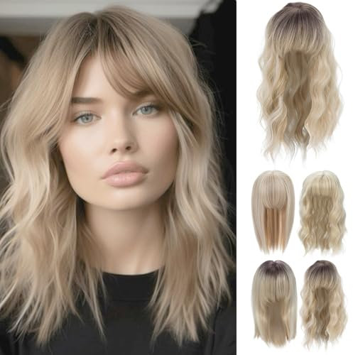 PARXITN Hair Topper für Frauen Synthetische Haarteile 35cm Hair Toupet mit Pony Welle Wiglets Haarteile für Dünnes Haar Balayage Blond