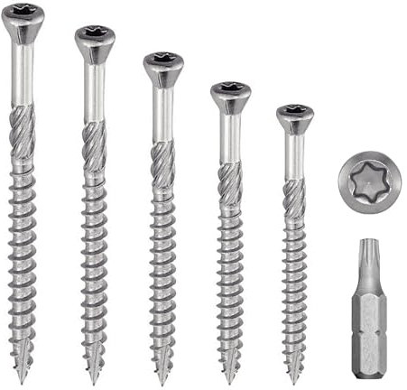 Tornillo de terraza INOX A2: 4 x 40 mm cabeza avellanada reducida TORX Ø 4 x 40 mm | Tornillos para madera 40 mm terrazas/tableros/revestimientos | Acero inoxidable A2 (V2A/304) | 4 puntas incluidas